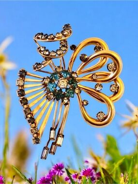 M&S Rhinestone Bow Brooch 1/20 12K Gold Filled Vintage Signed 1950s